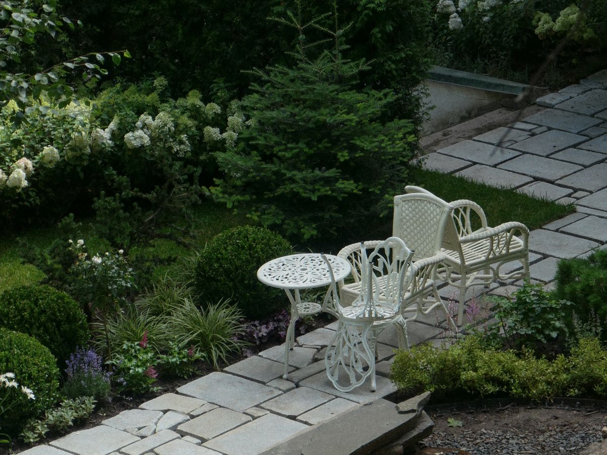 A clipped box border and planting beside a paved garden terrace